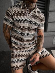 Manfinity Homme 男士条纹短袖 Polo 衫和抽绳腰带短裤套装，男士两件套 - 彩色 - 查看 8