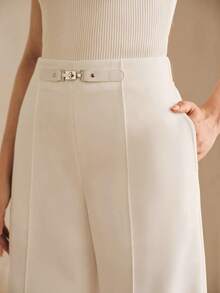 Anewsta Pantaloni da donna bianchi, pantaloni estivi moderni alla moda versatili di colore unito con cintura decorativa, pantaloni lunghi a gamba larga morbidi, pantaloni da completo da donna, abbigliamento da donna per celebrazioni di giugno - Bianco - Visualizzare 5