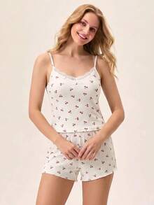 SHEIN Set pigiama casual da donna 2 pezzi, top senza maniche e pantaloncini da casa, in maglia a costine tinta unita rosa e bianca con motivo ciliegie, dettagli in pizzo a contrasto, comodo e casual - Multicolore - Visualizzare 5