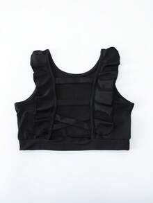 SHEIN Conjunto de pantalones cortos deportivos para niñas jóvenes, diseño con volantes y espalda descubierta, lazo cruzado multicapa con huecos en la espalda, pantalones cortos de cintura alta, top corto ajustado, adecuado para danza, fitness, actuaciones, uso diario al aire libre, atuendo casual - Negro - Ver 4