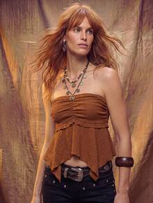 Fembélia Women's Summer Casual 90s Boho Solid Color Asymmetric Hem Tube Top Night Out Concert Vacation All Dark Brown - Brown - View 5