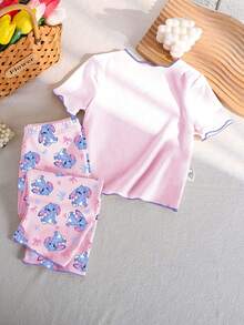 Conjunto de pijama para niñas jóvenes de 4 estaciones con estampado de combinación de dibujos animados, corazones, lazos y conejos, camiseta tipo pullover de cuello redondo con volantes de color contrastante y pantalones largos con estampado integral, 1 set - Rosa - Ver 2