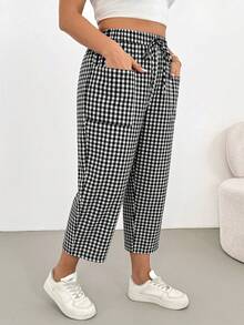 SHEIN Essnce Plus Size Women's Autumn Fashion Casual 90s 80s 70's Smart Loose Comfortable Daily Back-To-School All-Match Slimming Black And White Plaid - Brown - View 2