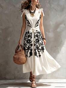 SHEIN Fiorisel Printed Bowknot Casual Commuter Vacation Style Spring/Summer Women Dress - Multicolor - View 1