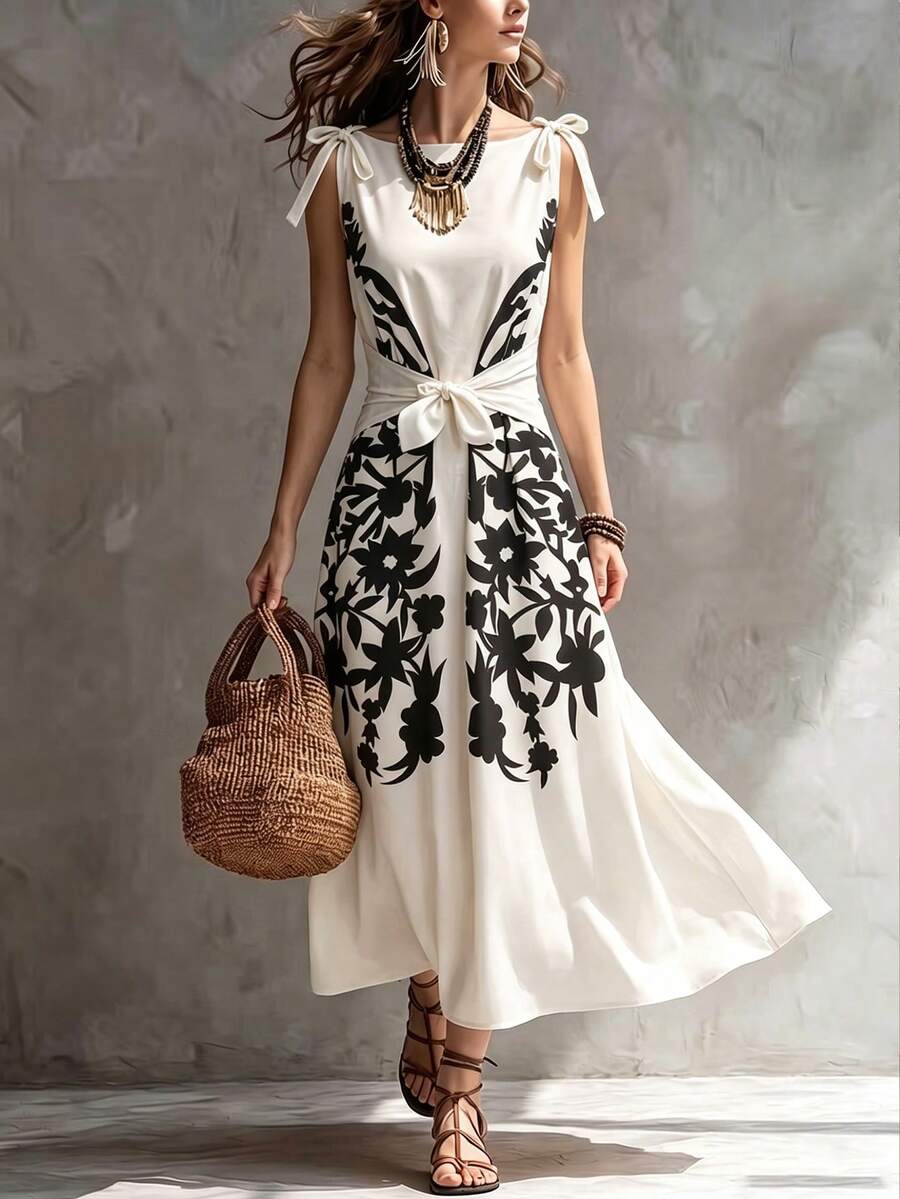 SHEIN Fiorisel Printed Bowknot Casual Commuter Vacation Style Spring/Summer Women Dress - Multicolor - View 1