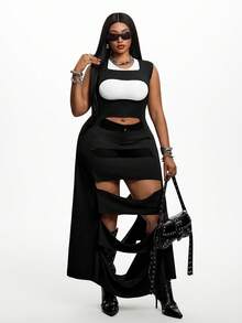 Maweii Robe longue élégante pour femmes grandes tailles, noire, sans manches, design ajouré, fente, drapée, asymétrique, sexy, style de rue, personnalisée, robe d'été amincissante asymétrique - Noir - Voir 4