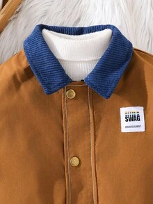 SHEIN 1 件儿童休闲学院风百搭风格撞色拉链长袖夹克外套，适合男童，适合通勤、学校、日常休闲、学院、幼儿园、生日派对、婚礼、洗礼、返校、校服、秋冬 - 彩色 - 查看 4