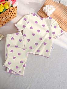 Young Girls Pajamas 1 Set, All-Season Heart Cartoon Pattern Print Contrast Color Ruffle Trim Crew Neck Pullover T-Shirt And Full Print Long Pants Loungewear Set - White - View 3