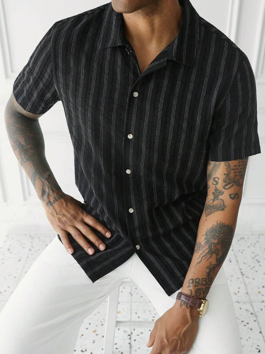HUEFORM 2026 Spring Summer Men's Striped Textured Button Down Shirt, Casual Camp Collar Short Sleeve, Breath - Black - View 1