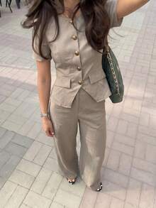 Firerie 女款優雅高質感夏季兩件套，灰色亞麻短袖西裝外套配金色鈕扣與高腰喇叭褲，休閒商務職場穿搭 - 杏色 - 查看 6