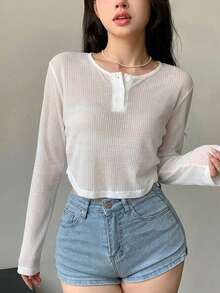 DAZY 女款純色鈕扣設計長袖度假夏季罩衫上衣 - 白色 - 查看 6