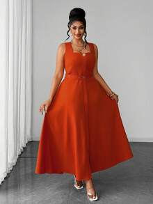 Maweii Vestido largo de línea A de talla grande, estilo vintage caramelo, cuello cuadrado, sin mangas, con ajuste ceñido a la cintura y efecto adelgazante con cinturón, estilo elegante de oficina francés - Naranja - Ver 5