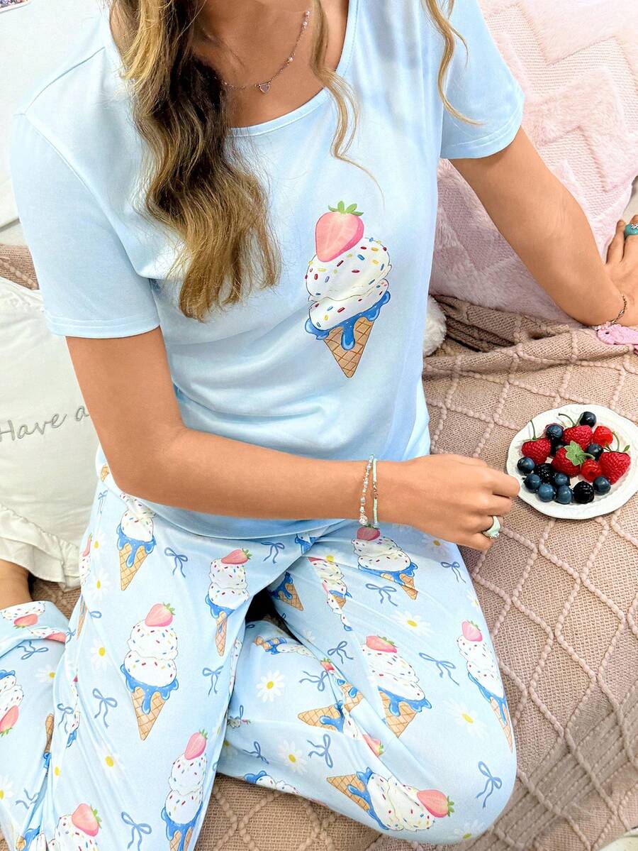 SweetSlumber Sweet Cute Ice Cream Print Short Sleeve Long Pants Women's Pajama Set Lounge Light Blue Summer - Multicolor - View 1
