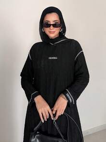 Solavon Hooded Contrast Stitching Letter Long Sweatshirt Dress - Black - View 2