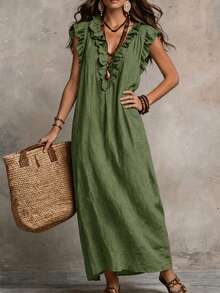 SHEIN Holidaya Women's Vacation Ruffle V-Neck Flutter Sleeve Dress, Women's Vacation Dress, Women's Apricot Dress - Dark Green - View 4