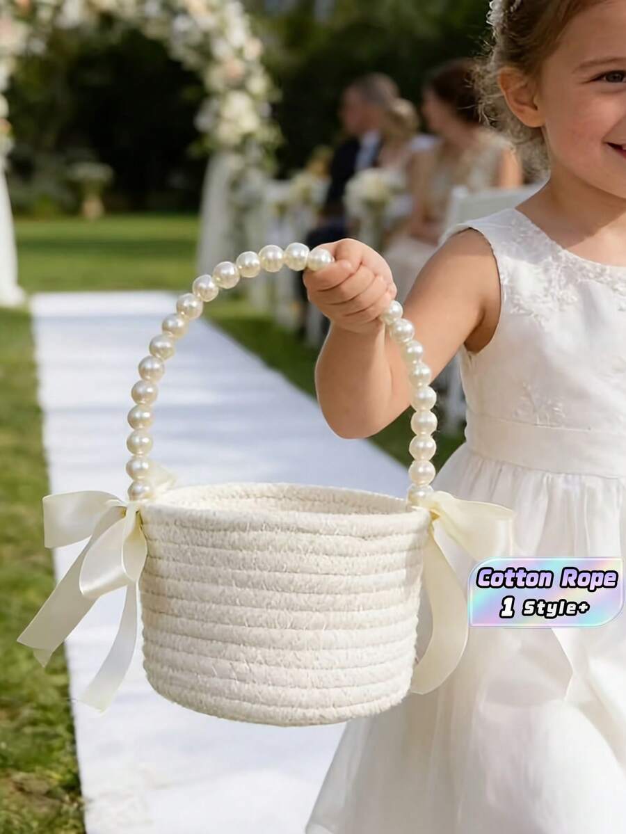 1PC Small Handwoven Cotton Rope Princess Style White Natural Wedding Petal Tossing Basket Bridal Shower Ceremony Decor Multiuse Storage Basket Boho Home Organization Gift For Bride Wedding Party Supplies Must Haves