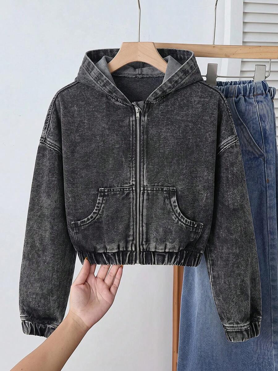 SHEIN 女童黑色丹寧連帽短版長袖夾克 - 黑色 - 查看 1