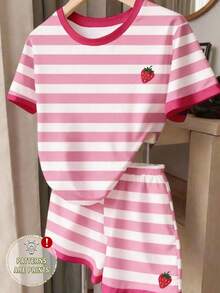 (Random Pattern, 1 Set Random) Summer Young Girls Toddler Fresh Colorful Floral Patchwork Striped Strawberry Flower Print Casual Basic Short T-Shirt And Shorts Set - Multicolor - View 4