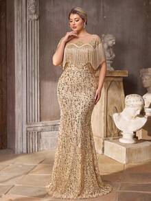 Serin Plus Size Elegant Romantic Champagne Gold Boat Neck Drop Shoulder Luxury Beaded Embroidery Mesh Tassel Mermaid Hem Dress, Wedding Party Celebration - Champagne - View 2