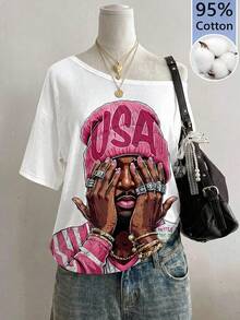 SHEIN EZwear 女款 95% 棉露肩寬鬆 T-shirt，嘻哈印花，復古街頭風休閒 Y2K 街頭龐克哥德風，適合夜店、日常白天穿著，白色夏季款 - 白色 - 查看 6