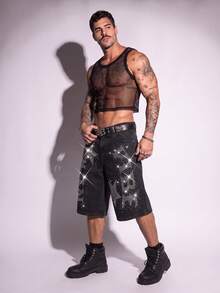 DSELFIQUE Men's Hiphop Streetwear Rhinestone Star Washed Black Denim Shorts - Black - View 2