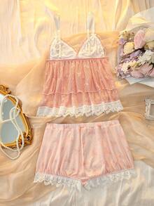 DelicateAllure Set Piyama Wanita Motif Pita Merah Muda Jala Kawaii Renda Patchwork - Berwarna merah muda - View 2