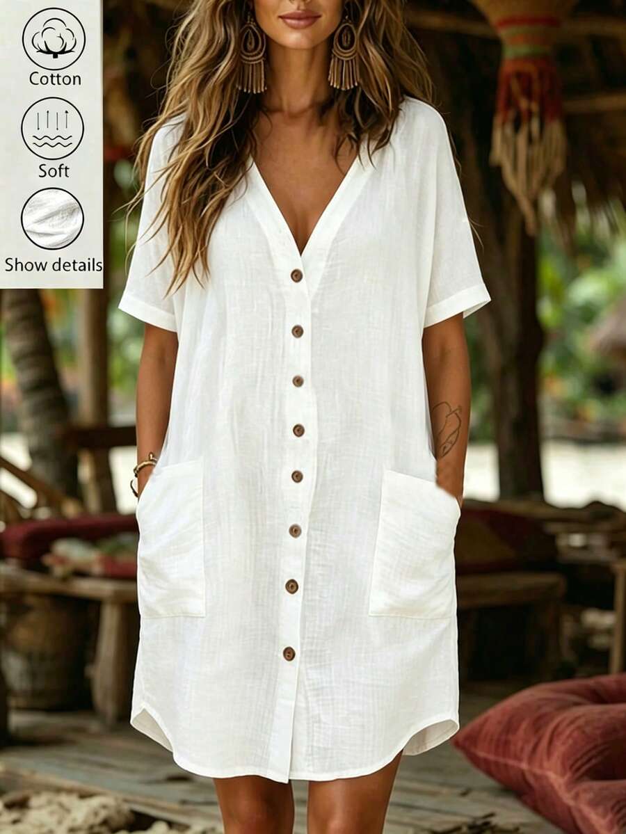 Zayélia Women's Casual Solid Color Front Button Pocket Dress, Summer Beach Vacation Plain All White - White - View 1