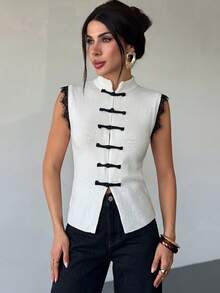 Firerie Women's New Black Lace Patchwork Frog Button Sleeveless Knit Top, Lace Patchwork Sweater, New Chinese Style Frog Button Sleeveless Vest Knitwear, Vintage Court Style Top, Retro Elegant Top, Suitable For Commuting, Dating, Graduation Ceremony, Performance, Concert, Work, Back To School, Women's Birthday And Other Occasions - White - View 2