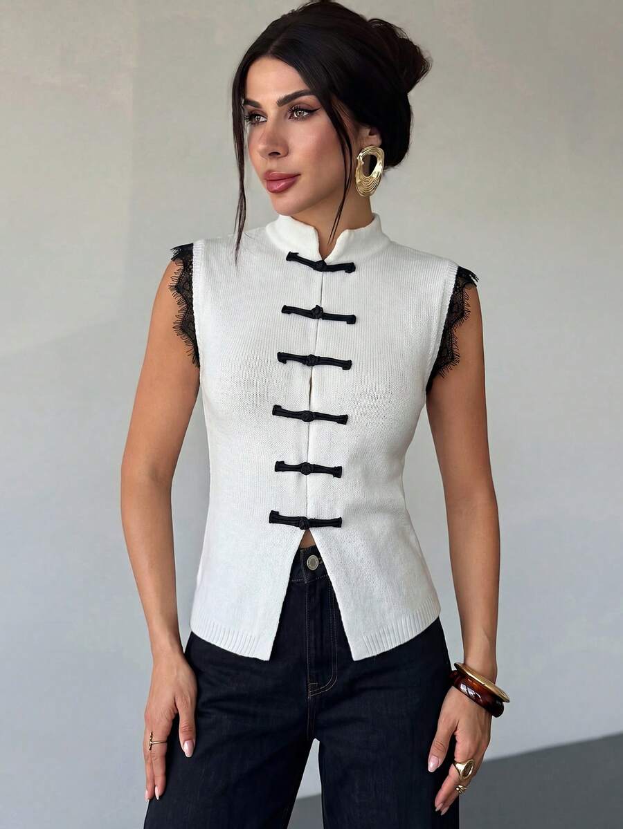 Firerie Women's New Black Lace Patchwork Frog Button Sleeveless Knit Top, Lace Patchwork Sweater, New Chinese Style Frog Button Sleeveless Vest Knitwear, Vintage Court Style Top, Retro Elegant Top, Suitable For Commuting, Dating, Graduation Ceremony, Performance, Concert, Work, Back To School, Women's Birthday And Other Occasions
