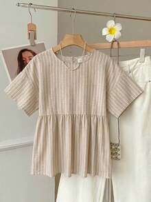 SHEIN EZwear 女款休閒條紋襯衫，女款夏季服飾，女款休閒穿著，條紋襯衫，街頭風格，適合日常通勤、約會、聚會、秋冬、夏季、聖誕節、新年、感恩節、派對、婚禮、海灘、畢業典禮，優雅、休閒、外出 - 彩色 - 查看 6