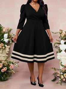 Fleurora Plus Size Women's Elegant Striped Dress With Overlap V-Neck And 3/4 Puff Sleeves Fall - Multicolor - View 5