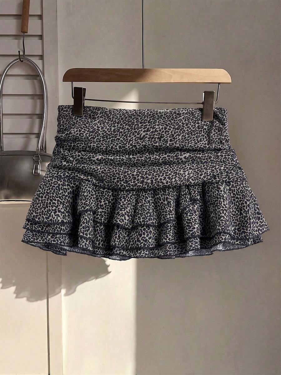 Elamini Women's Elegant Leopard Print Ruffle Hem Vacation Style Mini Skirt - Black - View 1