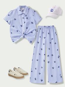 SHEIN Casuvi Kids 女童 2 件套休閒街頭風，適合度假、外出、上學，Ins 網紅風條紋蝴蝶結印花開襟短袖襯衫搭配直筒長褲，梭織克ريب數位印花工藝，適合春夏日常休閒穿著 - 藍色 - 查看 8