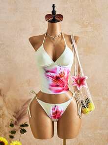 Swim Glamine Summer Sweet Sexy Tropical Cherry Plaid Tank Bikini Set Beach Party White Floral - Light Yellow - View 4