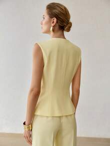 MOTF PREMIUM WOMEN'S SUMMER COMMUTE OFFICE MINIMALIST SOLID COLOR V-NECK WAIST-CINCHING BLAZER VEST - Yellow - View 7