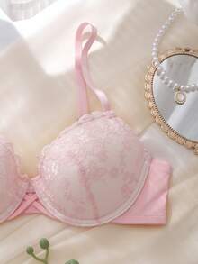 DelicateAllure Bra Wanita Pink dengan Kawat Penyangga, Cup Cetak Nyaman, Model Balconette, Push-Up, Dukungan Tinggi, Tali Silang, Patchwork Renda, Murni & Imut - Berwarna merah muda - View 5