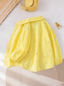 SHEIN Blouse à manches longues jaune décontractée pour jeune fille avec imprimé citron et rayures verticales, chemise élégante et confortable, accessoires jaunes pour fille - Jaune citron - Voir 2