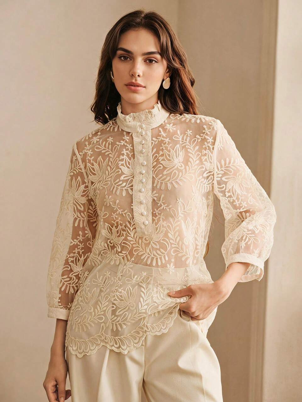 Women's Elegant Hollow Stand Collar Embroidered Blouse