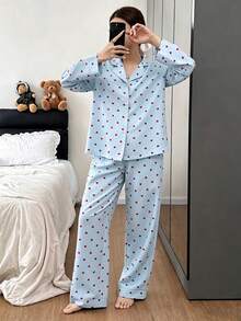 SHEIN Casual Underwear&Sleepwear 女款寬鬆版型翻領紅色愛心印花長袖長褲睡衣套裝 - 藍色 - 查看 6
