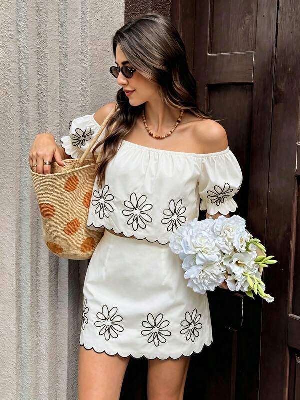 Cévolie Women's Embroidered Floral Wave Edge Off-Shoulder Design Slimming Waist Sexy Asymmetric Shoulder Sweet Vacation Style Skirt Set, Casual Daily Wear