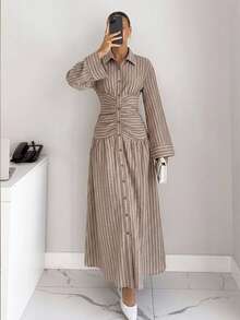 Siren Gaze Autumn Women Brown Striped Long Sleeve Single-Breasted Ruched Waist Long Dress Y2k Elegent Teachers' Day Streetwear Western Pleated Peplum Office - Multicolor - View 4