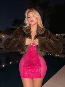 SHEIN ICON 女款人造毛皮時尚優雅刺繡毛絨大衣，深棕色，適合晚宴派對與夜生活，冬季穿著 - 棕色 - 查看 7