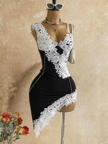 Soleia Sexy Spaghetti Strap V-Neck Lace Trim Contrast Color Fitted Asymmetrical Hem Bodycon Mini Dress For Women, Party Night Out, Date, Boho, Vacation - Black - View 5