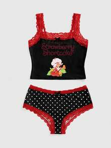 Strawberry Shortcake | ROMWE Cute Strawberry Collaboration Lace Patchwork Polka Dot Bow Non-Wired Women's Lingerie Set - Black - View 1