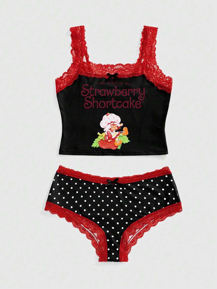 Strawberry Shortcake | ROMWE Cute Strawberry Collaboration Lace Patchwork Polka Dot Bow Non-Wired Women's Lingerie Set - Black - View 1