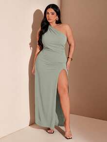 SHEIN BAE Đầm dự tiệc thời trang nữ size lớn màu trơn, thiết kế một vai xẻ tà - Màu xanh Bạc hà - Xem 5