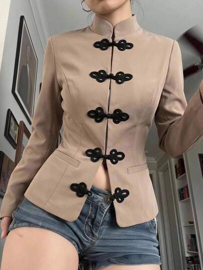 SHEIN EZwear Black Woven Women's Long Sleeve Jacket With Frog Button Design Tea Party Everyday Autumn Elegant
