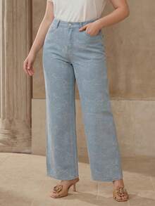 MOTF PREMIUM PLUS SIZE FLORAL PATTERN SLANTED POCKET STRAIGHT LEG JEANS - Blue - View 2