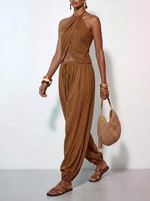 Zivah Summer Music Festival, Easter, Mother's Day, Western Sexy Style, Boho, Birthday Party Golf Modern Commute Vacation Halter Top Tapered Pants Set Pastal - Brown - View 11