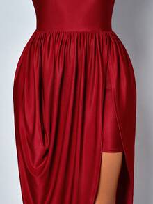 SOLERSUN Spring/Summer Women's Wear: Elegant And Charming, Perfect For Parties And Gatherings. Stretch Knit Fabric, Sleeveless, Stand Collar, Fitted, Front Slit, Gathered, Asymmetrical Hem, Midi Dress. - Burgundy - View 8